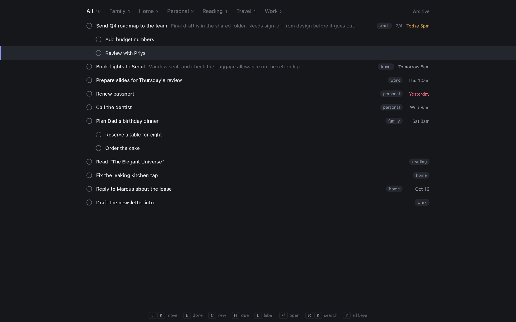 Neutrino's main list, showing tasks with labels and due dates